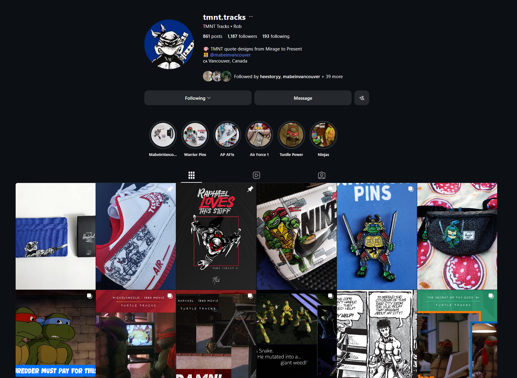 TMNT Tracks Instagram grid, quote card designs and merch