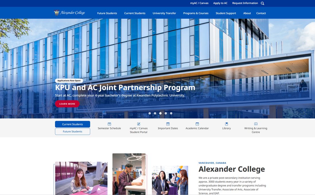 Alexander College website homepage